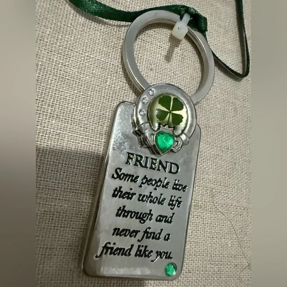 Lucky Irish Friend Keychain with Real Four Leaf Clover & Green Gemstones